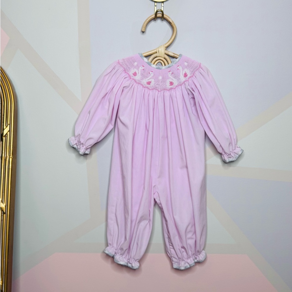 Hand-Smocked Pastel Pink Baby Romper with Embroidery 🦢